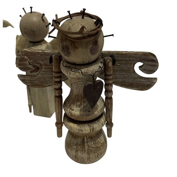 Handcrafted Wooden Angel Brown Figurines Set Of 6 Piece Rustic Finish Halos 4" - Picture 5 of 16